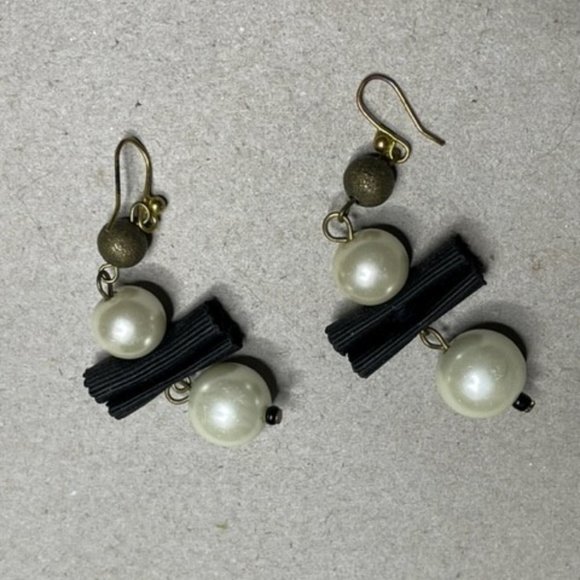 Chicos Faux Pearl and Black Ribbon, Gold Encrusted Bead Dangle Earrings - Picture 4 of 4
